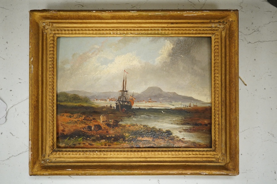 William Perry (29th. C), oil on millboard, Estuary scene with ship, signed, 14 x 19cm, gilt framed. Condition - fair to good, general craquelure